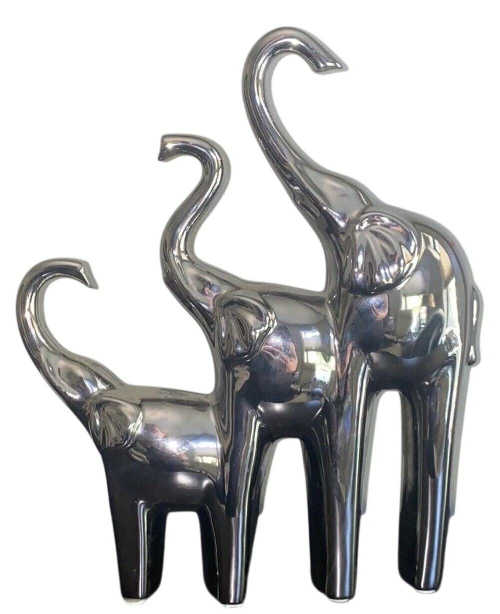 Silver Elephant Figurines 3 Trunks Up Good Luck Home Decor